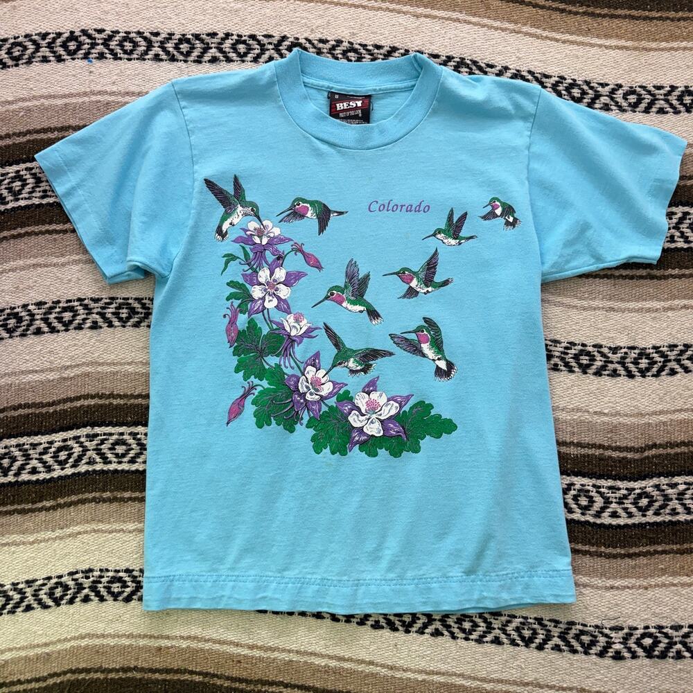 Vintage 90's Colorado Humming Bird Nature Blue Purple Animal Tee Shirt Sz Medium